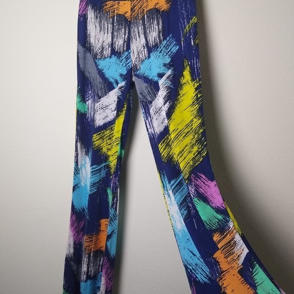 Honeylee Wide Band Flare Leg Palazzos Small Relaxed Abstract Paint Splash Pants - Picture 5 of 7